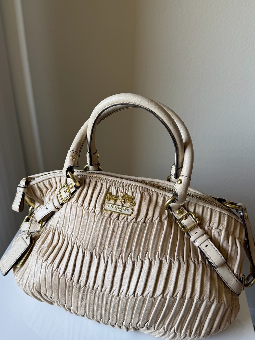 Coach Beige Ruched Leather Hobo with Gold Hardware